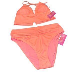 Ninety-Nine Junior’s Triangle Bikini Top and Cinched Bottom Coral Size Large NWT